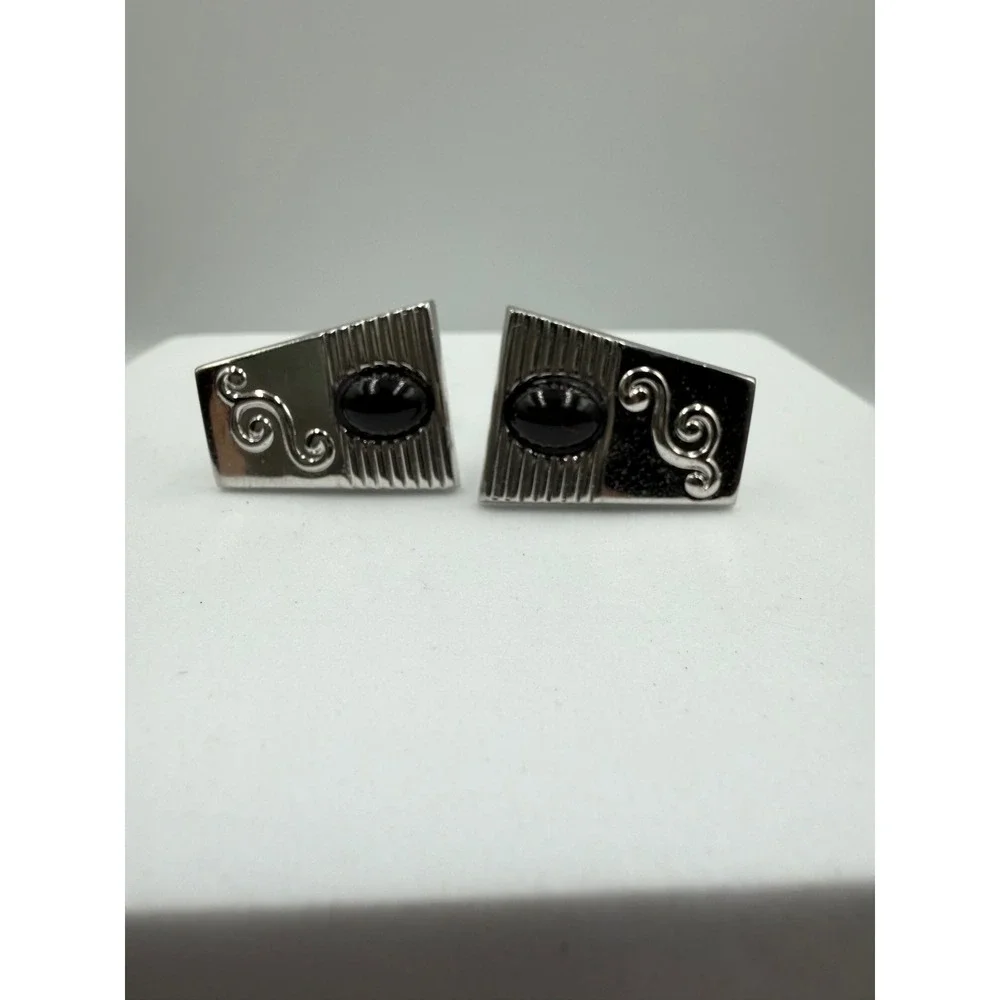 VTG Foster‎ Silver Tone Black Cabochon Scroll Trapezoid Cufflinks Mens Jewelry
